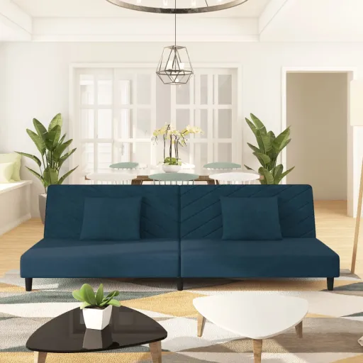 Sofá-Cama 2 Lugares com Duas Almofadas Veludo Azul