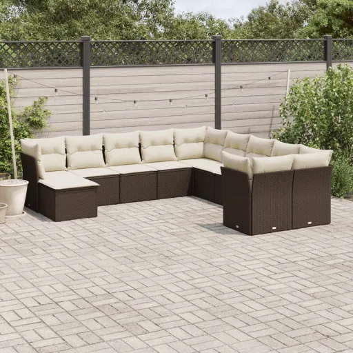 Conjunto Sofás de Jardim c/ Almofadões Vime PE Castanho (11 pcs)