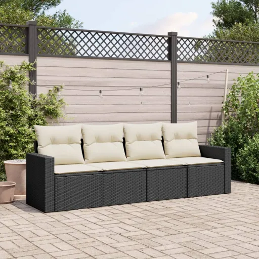 Conjunto de Sofás para Jardim c/ Almofadões Vime PE Preto (4 pcs)