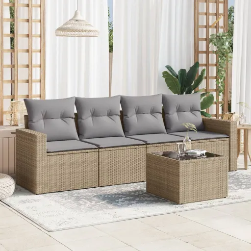 Conjunto de Sofás p/ Jardim com Almofadões Vime PE Bege (5 pcs)