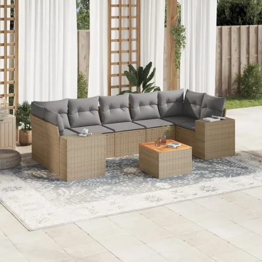Conjunto de Sofás p/ Jardim com Almofadões Vime PE Bege (8 pcs)