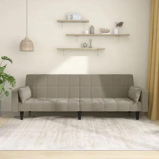 Sofá-Cama 2 Lugares com Duas Almofadas Veludo Cinzento-Claro