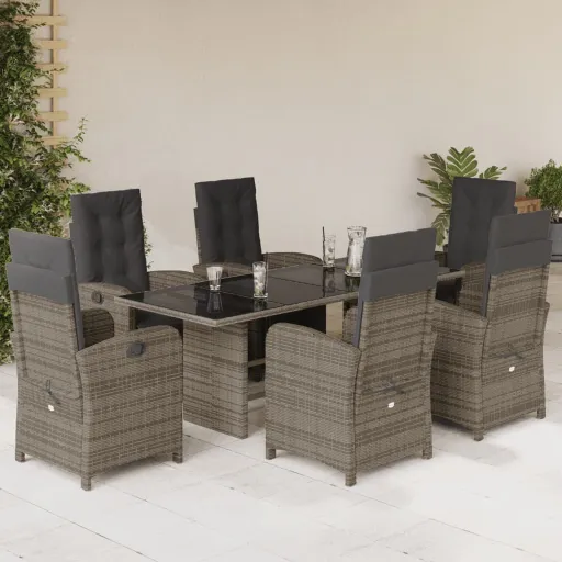 Conjunto de Jantar p/ Jardim c/ Almofadões Vime PE Cinza (7 pcs)
