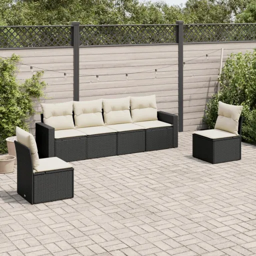 Conjunto Sofás de Jardim c/ Almofadões Vime PE Preto (6 pcs)