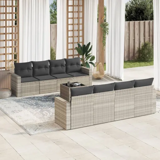 Conj. Sofás Jardim com Almofadões Vime PE Cinzento-Claro (9 pcs)