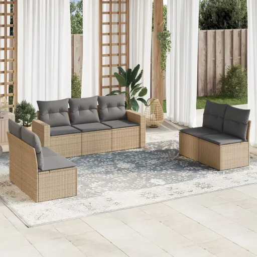 Conjunto de Sofás p/ Jardim com Almofadões Vime PE Bege (7 pcs)
