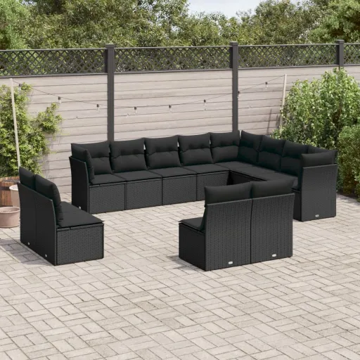 Conjunto de Sofás de Jardim c/ Almofadões Vime PE Preto (12 pcs)