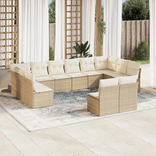 Conjunto de Sofás p/ Jardim com Almofadões Vime PE Bege (12 pcs)