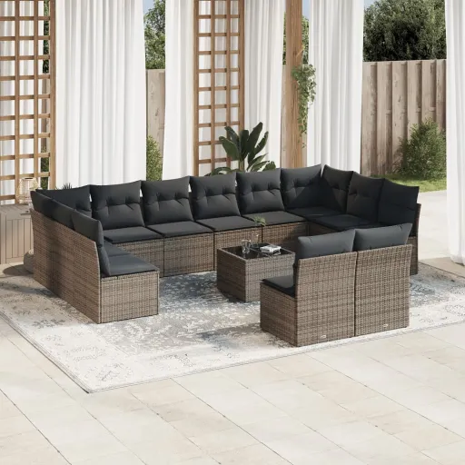 Conjunto Sofás p/ Jardim c/ Almofadões Vime PE Cinzento (13 pcs)