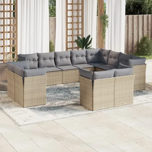 Conjunto de Sofás p/ Jardim com Almofadões Vime PE Bege (12 pcs)