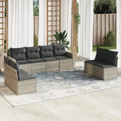 Conj. Sofás Jardim com Almofadões Vime PE Cinzento-Claro (9 pcs)