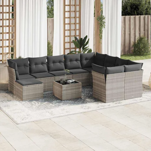 Conjunto Sofás de Jardim c/ Almofadões Vime PE Cinzento (11 pcs)