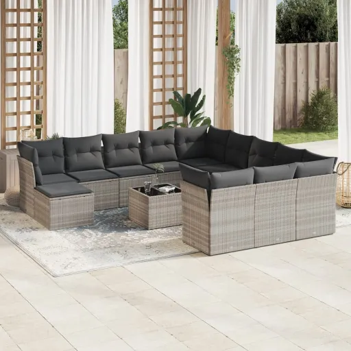 Conj. Sofás Jardim c/ Almofadões Vime PE Cinzento-Claro (13 pcs)