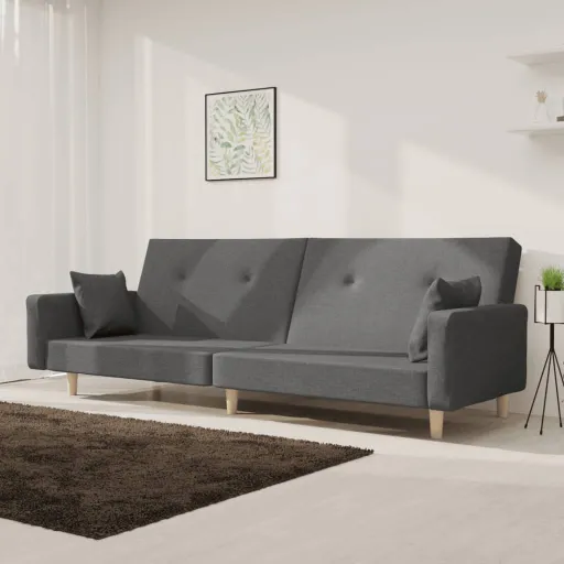 Sofá-Cama 2 Lugares com Duas Almofadas Tecido Cinzento-Claro