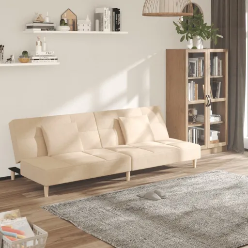 Sofá-Cama 2 Lugares com Duas Almofadas Tecido Cor Creme