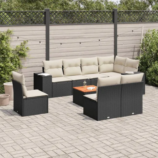 Conjunto de Sofás p/ Jardim c/ Almofadões Vime PE Preto (9 pcs)