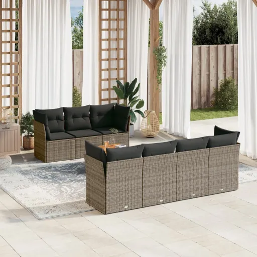 Conjunto Sofás de Jardim c/ Almofadões Vime PE Cinzento (8 pcs)