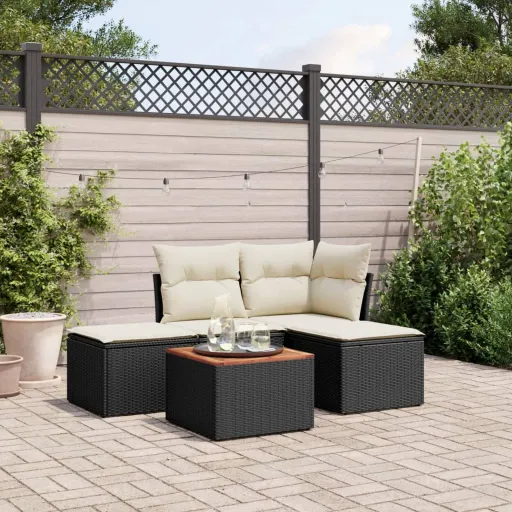 Conjunto Sofás de Jardim com Almofadões Vime PE Preto (5 pcs)