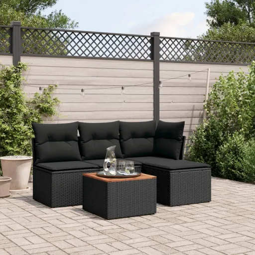 Conjunto Sofás de Jardim com Almofadões Vime PE Preto (5 pcs)