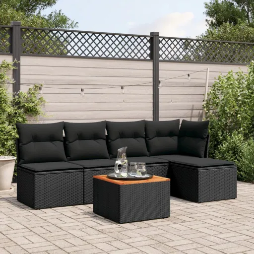 Conjunto Sofás de Jardim c/ Almofadões Vime PE Preto (6 pcs)