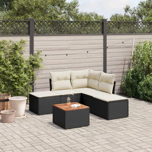 Conjunto Sofás de Jardim c/ Almofadões Vime PE Preto (6 pcs)