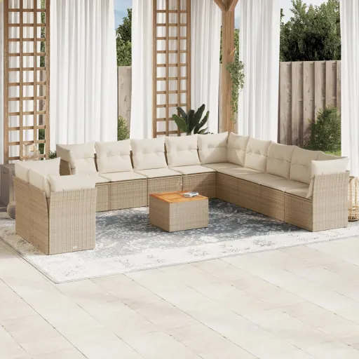 Conjunto de Sofás p/ Jardim com Almofadões Vime PE Bege (12 pcs)