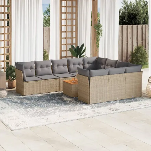 Conjunto Sofás de Jardim c/ Almofadões Vime PE Bege (11 pcs)