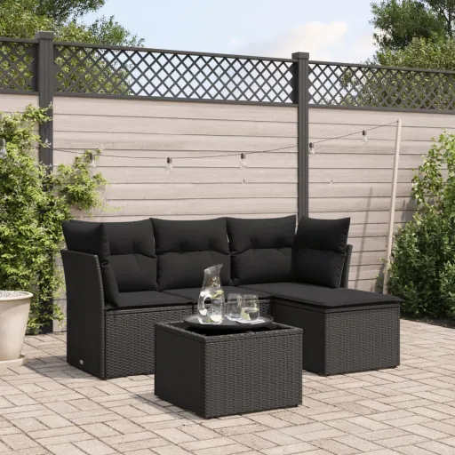 Conjunto Sofás de Jardim com Almofadões Vime PE Preto (5 pcs)