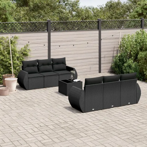 Conjunto de Sofás p/ Jardim c/ Almofadões Vime PE Preto (7 pcs)