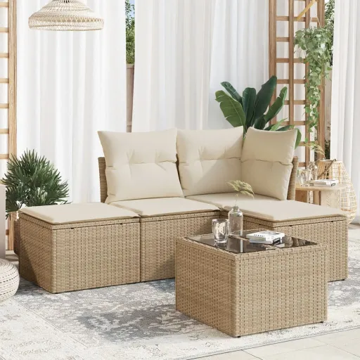 Conjunto de Sofás p/ Jardim com Almofadões Vime PE Bege (5 pcs)