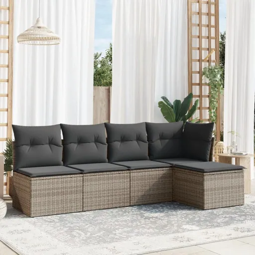 Conjunto Sofás de Jardim c/ Almofadões Vime PE Cinzento (5 pcs)
