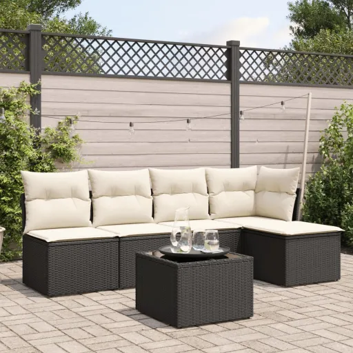 Conjunto Sofás de Jardim c/ Almofadões Vime PE Preto (6 pcs)