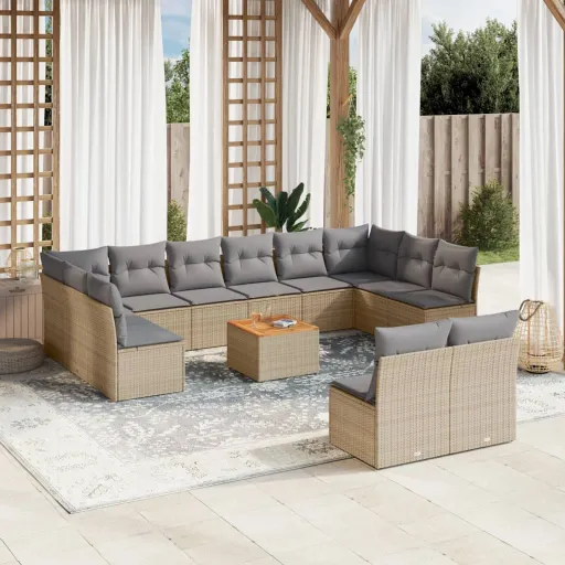 Conjunto de Sofás p/ Jardim com Almofadões Vime PE Bege (13 pcs)