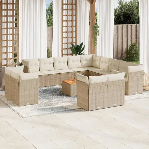 Conjunto de Sofás p/ Jardim com Almofadões Vime PE Bege (14 pcs)