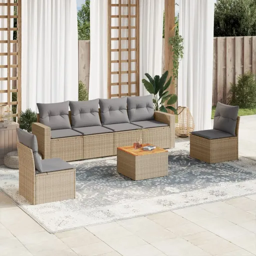Conjunto de Sofás p/ Jardim com Almofadões Vime PE Bege (7 pcs)
