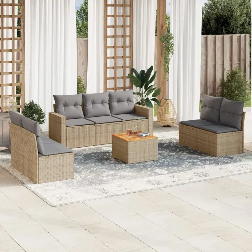 Conjunto de Sofás p/ Jardim com Almofadões Vime PE Bege (8 pcs)