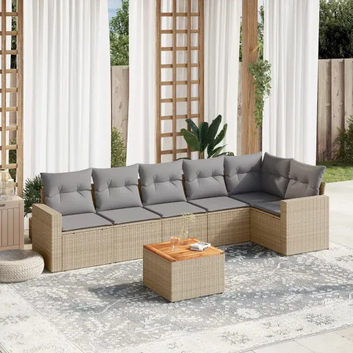 Conjunto de Sofás p/ Jardim com Almofadões Vime PE Bege (7 pcs)