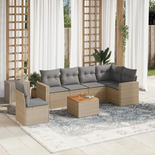Conjunto de Sofás p/ Jardim com Almofadões Vime PE Bege (7 pcs)