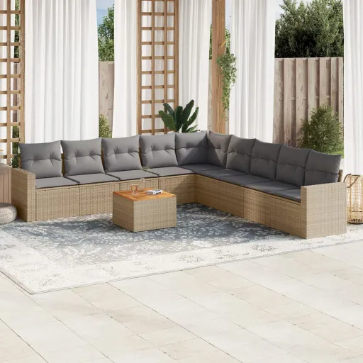 Conjunto de Sofás p/ Jardim com Almofadões Vime PE Bege (10 pcs)