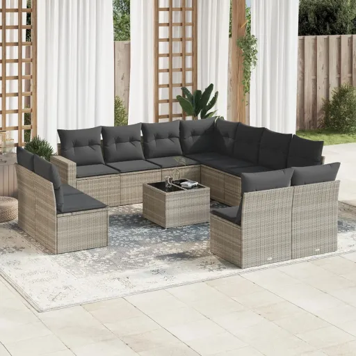 Conj. Sofás Jardim com Almofadões Vime PE Cinzento-Claro (12 pcs)