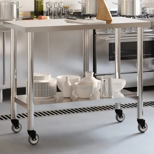 Mesa de Trabalho de Cozinha c/ Rodas 110x55x85cm Aço Inoxidável
