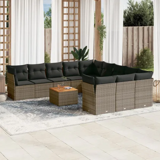 Conjunto de Sofás Jardim c/ Almofadões Vime PE Cinzento (12 pcs)