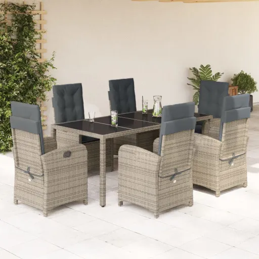 Conjunto de Jantar p/ Jardim c/ Almofadões Vime PE Cinza (7 pcs)