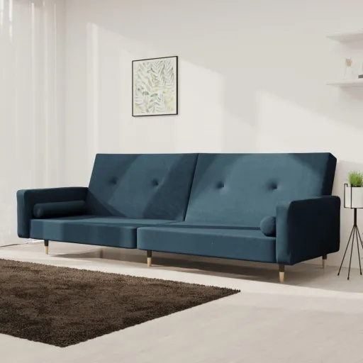 Sofá-Cama 2 Lugares com Duas Almofadas Veludo Azul