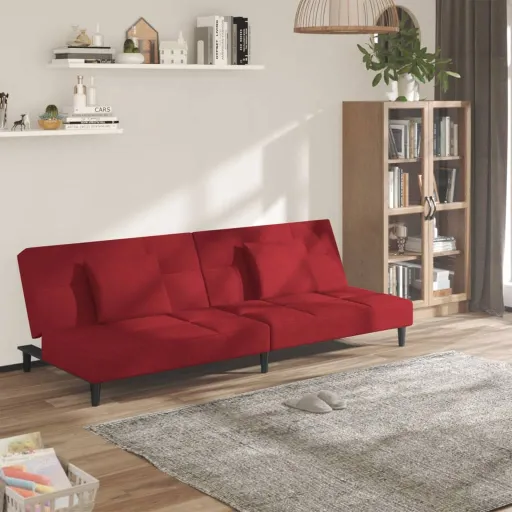 Sofá-Cama 2 Lugares com Duas Almofadas Veludo Vermelho Tinto