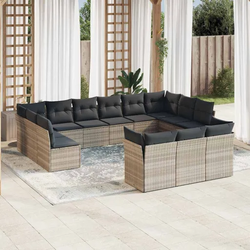 Conj. Sofás Jardim c/ Almofadões Vime PE Cinzento-Claro (13 pcs)