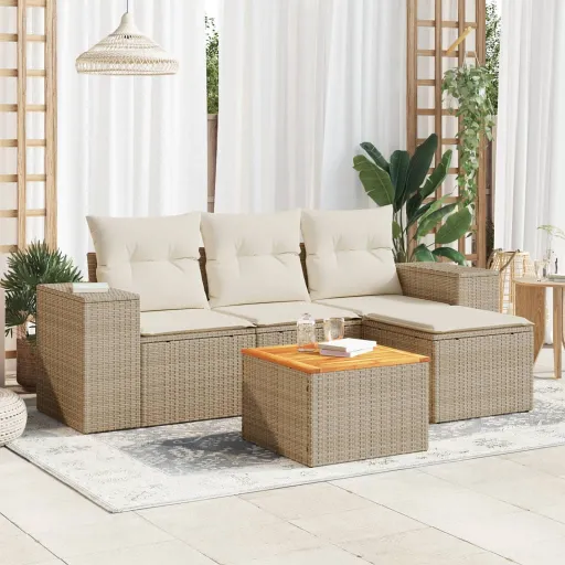 Conjunto de Sofás p/ Jardim com Almofadões Vime PE Bege (5 pcs)