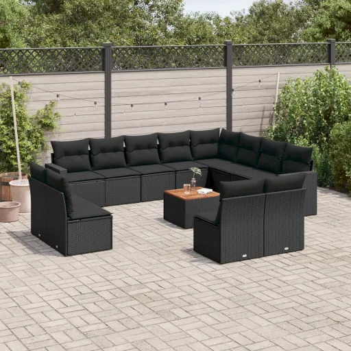 Conjunto de Sofás de Jardim com Almofadões Vime PE Preto (13 pcs)