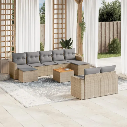 Conjunto de Sofás p/ Jardim com Almofadões Vime PE Bege (10 pcs)