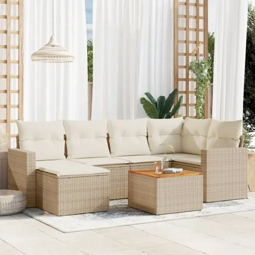 Conjunto de Sofás p/ Jardim com Almofadões Vime PE Bege (7 pcs)